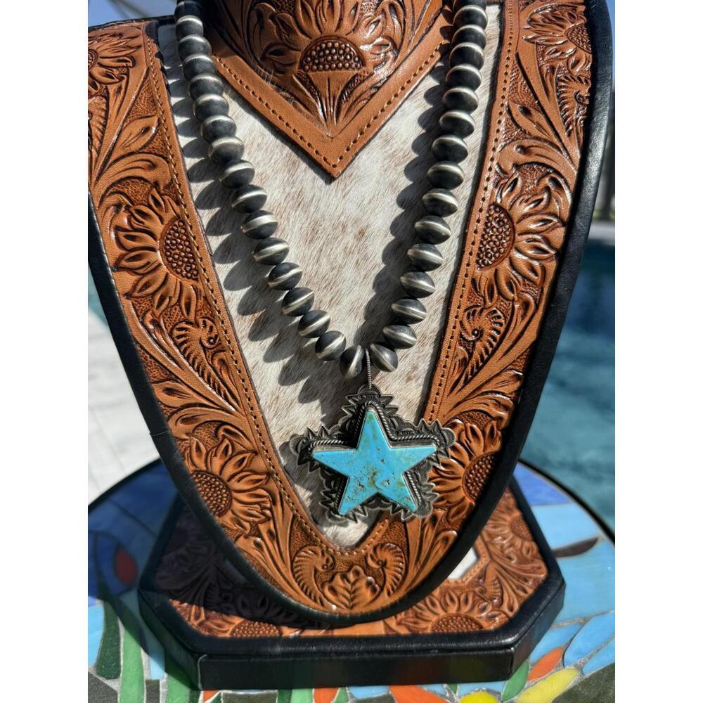 Native American Kingman Turquoise Star Pendant & Navajo 12 mm Pearl Necklace - Picture 7 of 9